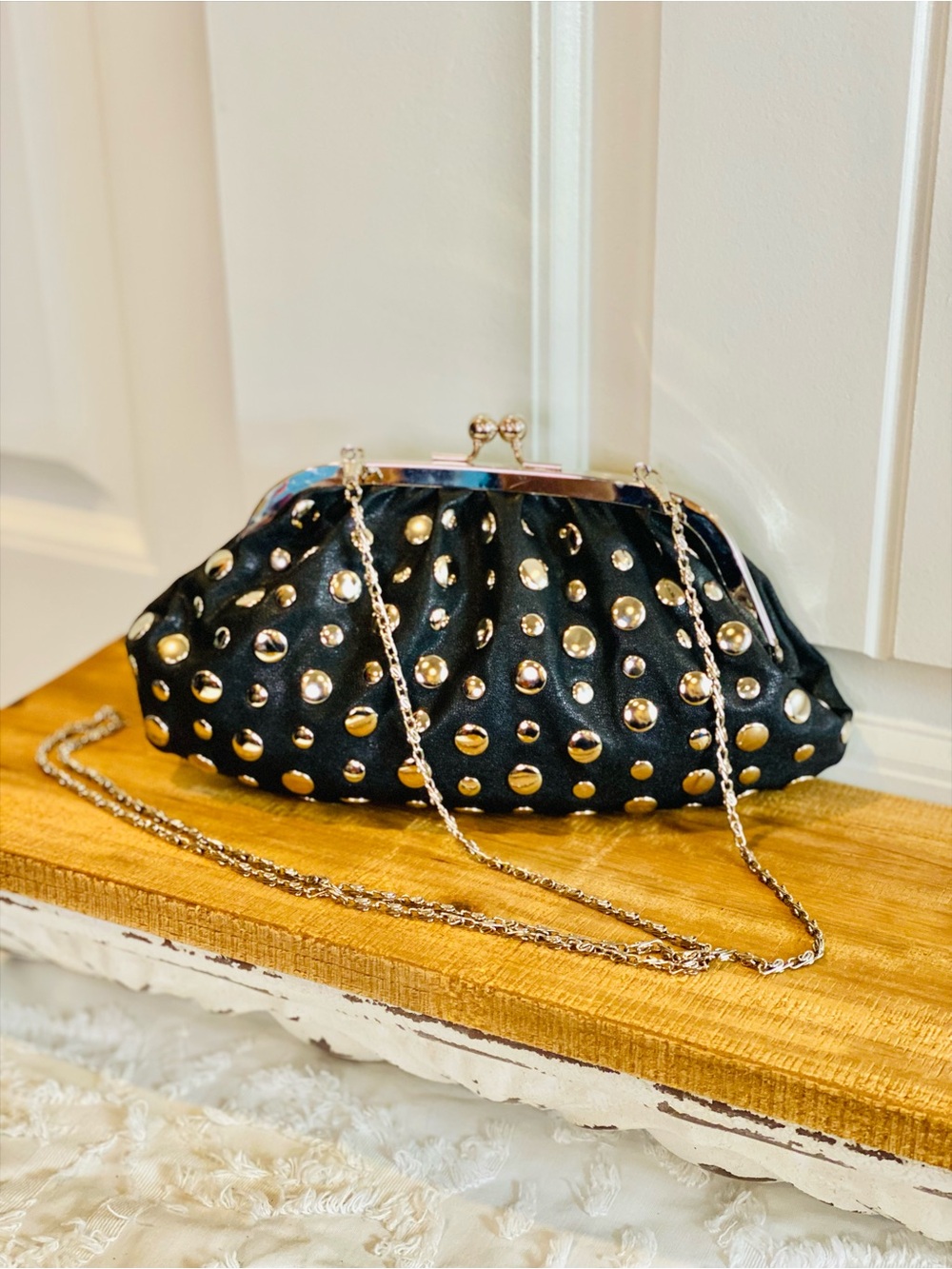 Source Unknown Black Evening Crossbody with Gold Studs